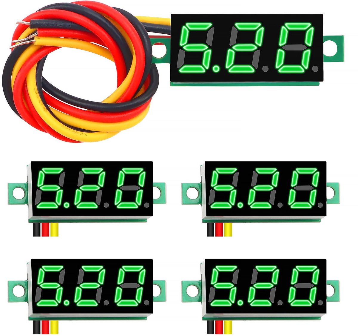 5 Stuks 0.28 Inch Mini Digitale Voltmeter, 0-100V Mini DC Voltmeter met Drie draden, Omgekeerde Polariteit Bescherming en Nauwkeurige Drukmeting (Groen)