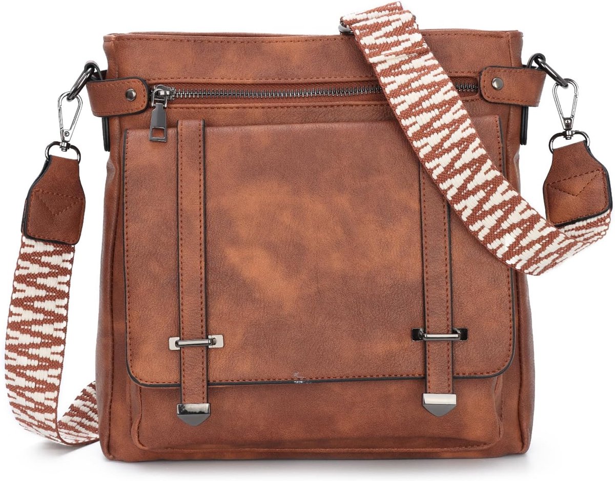 Schoudertas van kunstleer voor dames, met verstelbare brede riem, stijlvolle retro messenger bag voor dagelijks gebruik, Bruin, Messenger Tas