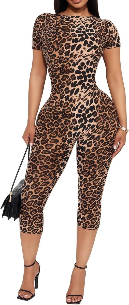 Dames Jumpsuit met Korte Mouwen en Luipaardpatroon, Perfect voor Feestjes en Yoga, Stretchy en Slank Aansluitend Ontwerp