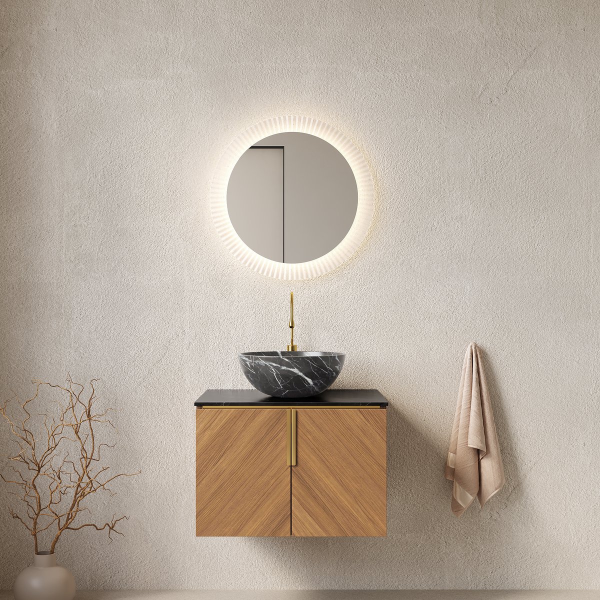 Wandhangend badkamermeubel met wastafel - Ruimtebesparend - 61 cm - Zwart & Bruin eiken - Zwart keramisch kommetje met steenpatroon - Sinterstenen blad - Soft-close deuren - Gouden grepen