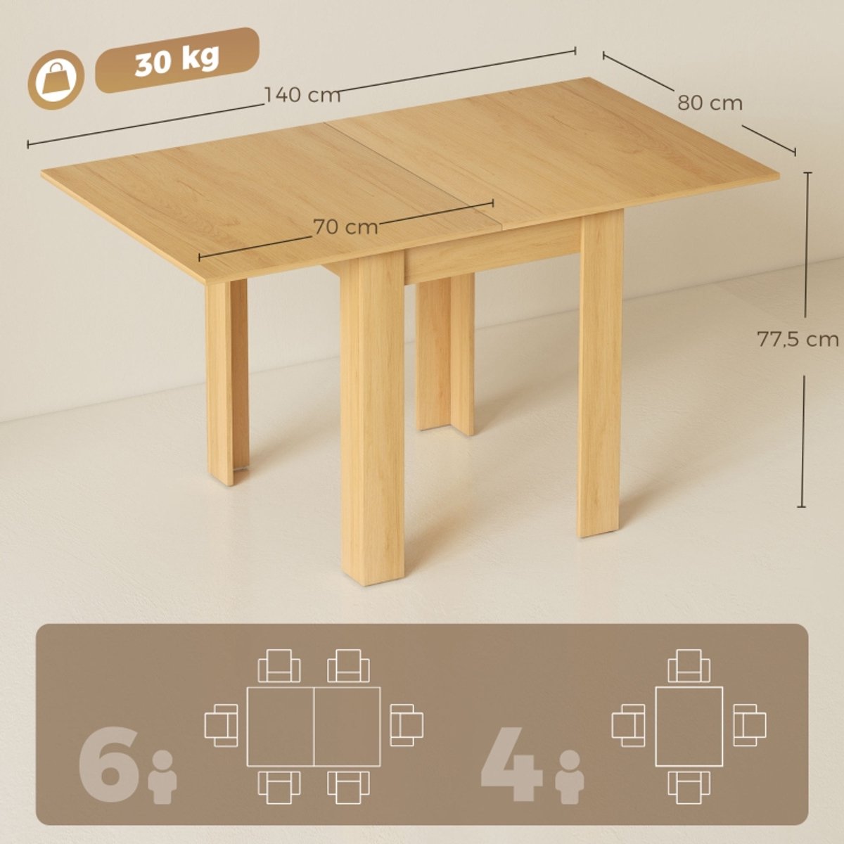 COVREO Uitrekbare eettafel 140 x 80 cm natural wood, 4-6 personen, modern