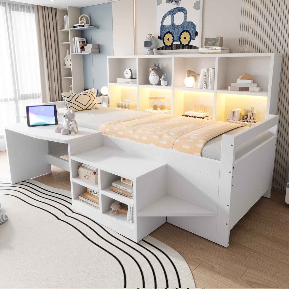 VVBV Kinderbed 90x200 cm - Met Bureau, Opbergtrap, USB-Aansluiting, Stopcontact - Wit, Hout & MDF