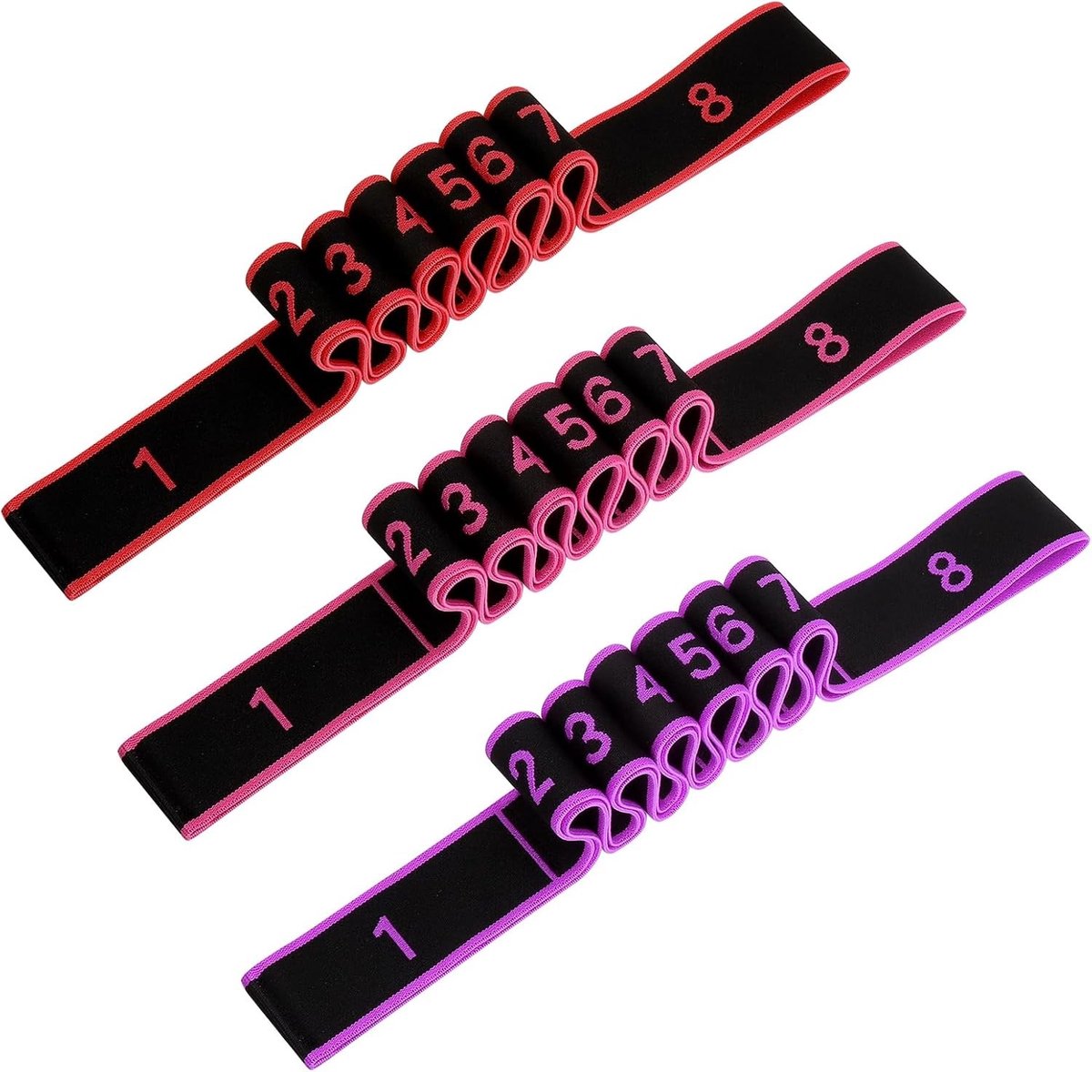 Set van 3 Yoga Stretchbanden met 8 Lussen voor Effectieve Rek- en Stretchoefeningen, Pilates, Dans en Gymnastiek