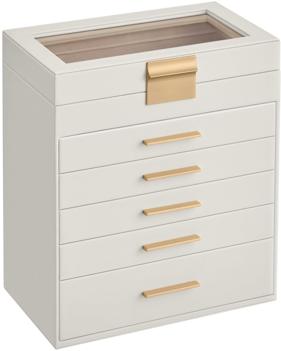6-Laags Sieradendoos met Glazen Deksel - Grote Juwelen Organizer met 5 Laden - Opbergdoos voor Sieraden, Brillen & Accessoires - Modern Design - Wit/Goud