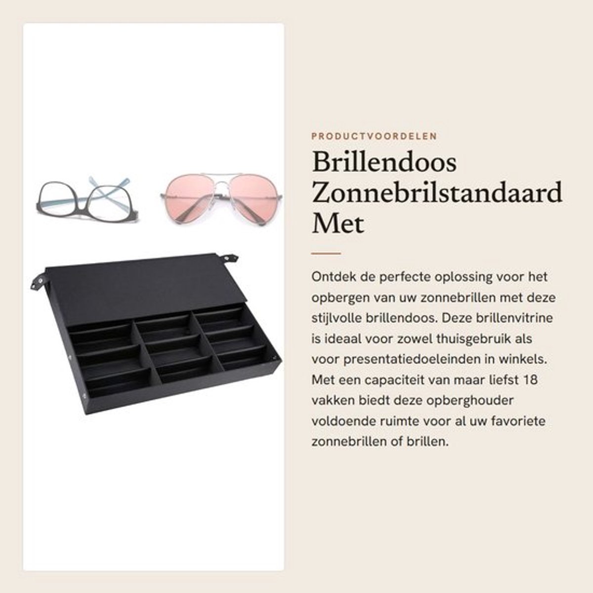 Brillendoos met 18 Vakken - Brillenvitrine - Opberghouder - Zonnebrilstandaard - MDF - 47x37x6 cm
