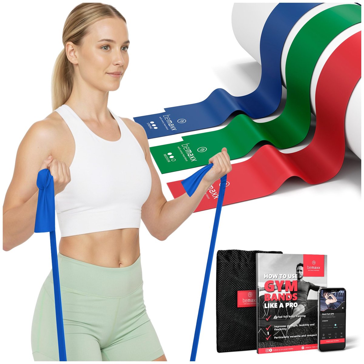 Set van 3 Weerstandsbanden 2 m - Extra Lange Fitness Elastieken met Trainingsgids - Krachttrainingsbanden voor Gymnastiek, Pilates, Yoga, Revalidatie & Thuisfitness - Elastische Therabanden voor Spiertraining