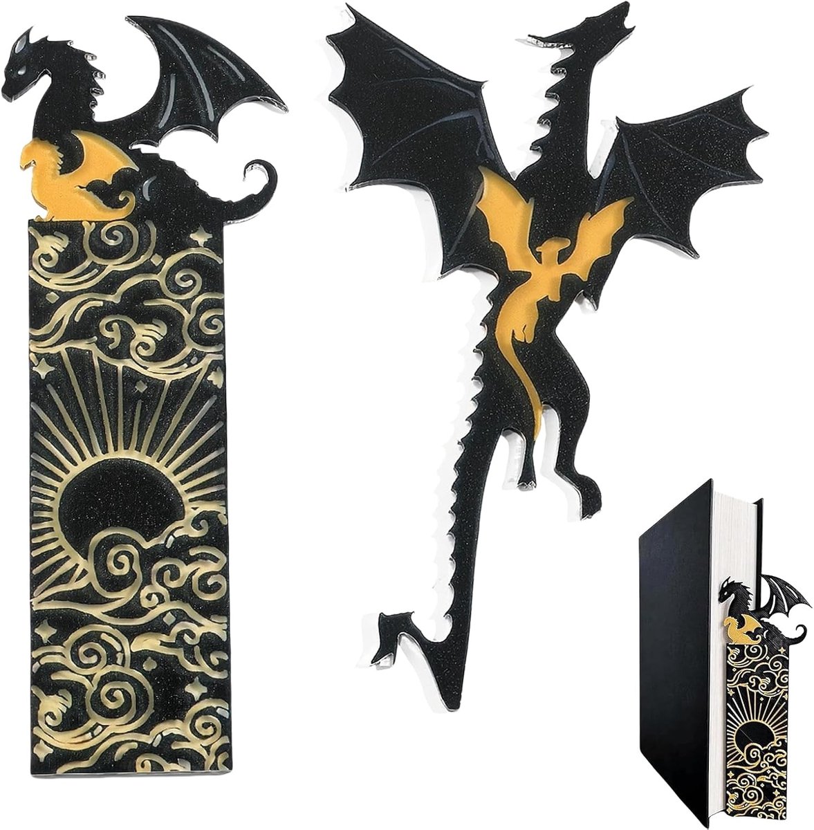 2 stuks zwarte draak boekenleggers - zwart gouden Forth Wing boekenleggers - goud Fourth Wing merchandise - Fourth Wing merchandise met zon - Forth Wings boekenlegger - fantasy acryl boekenleggers voor