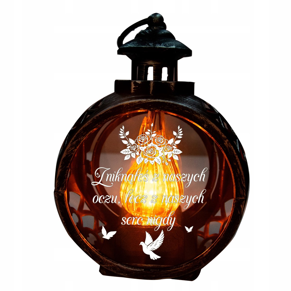 Led Graf Lantaarn Zilver met Levende Vlam en Bloem Gravure