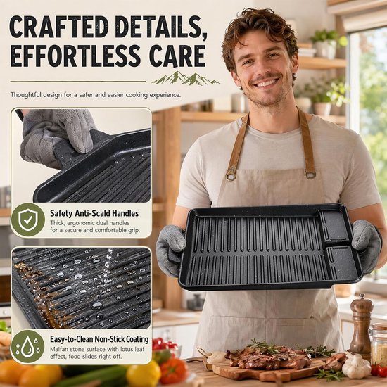 Grillplaat, rechthoekige grillpan, grillplaat met grillgroeven, grillopzetstuk voor gasfornuis, grillpan, anti-aanbaklaag voor campingfornuis, voor inductie, gas, keramiek — afbeelding 4