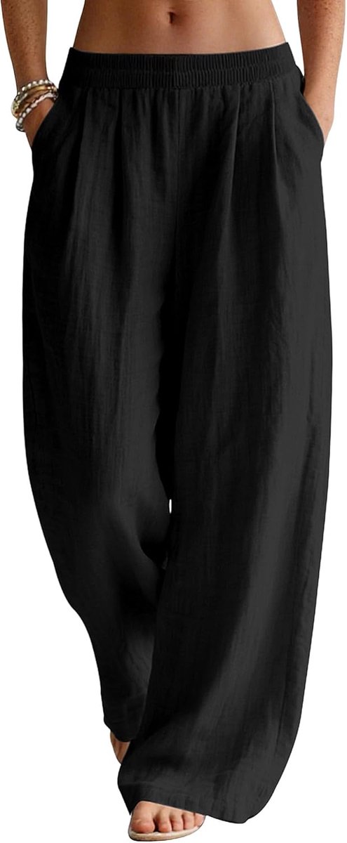 Linnen broek dames wijde pijpen broek voor vrouwen UK dames zomer casual elastische taille met zakken | linnen textuur stof, losse wijde pijpen fit, elastische taille, zijzakken, lichtgewicht zomer casual broek voor vakantie