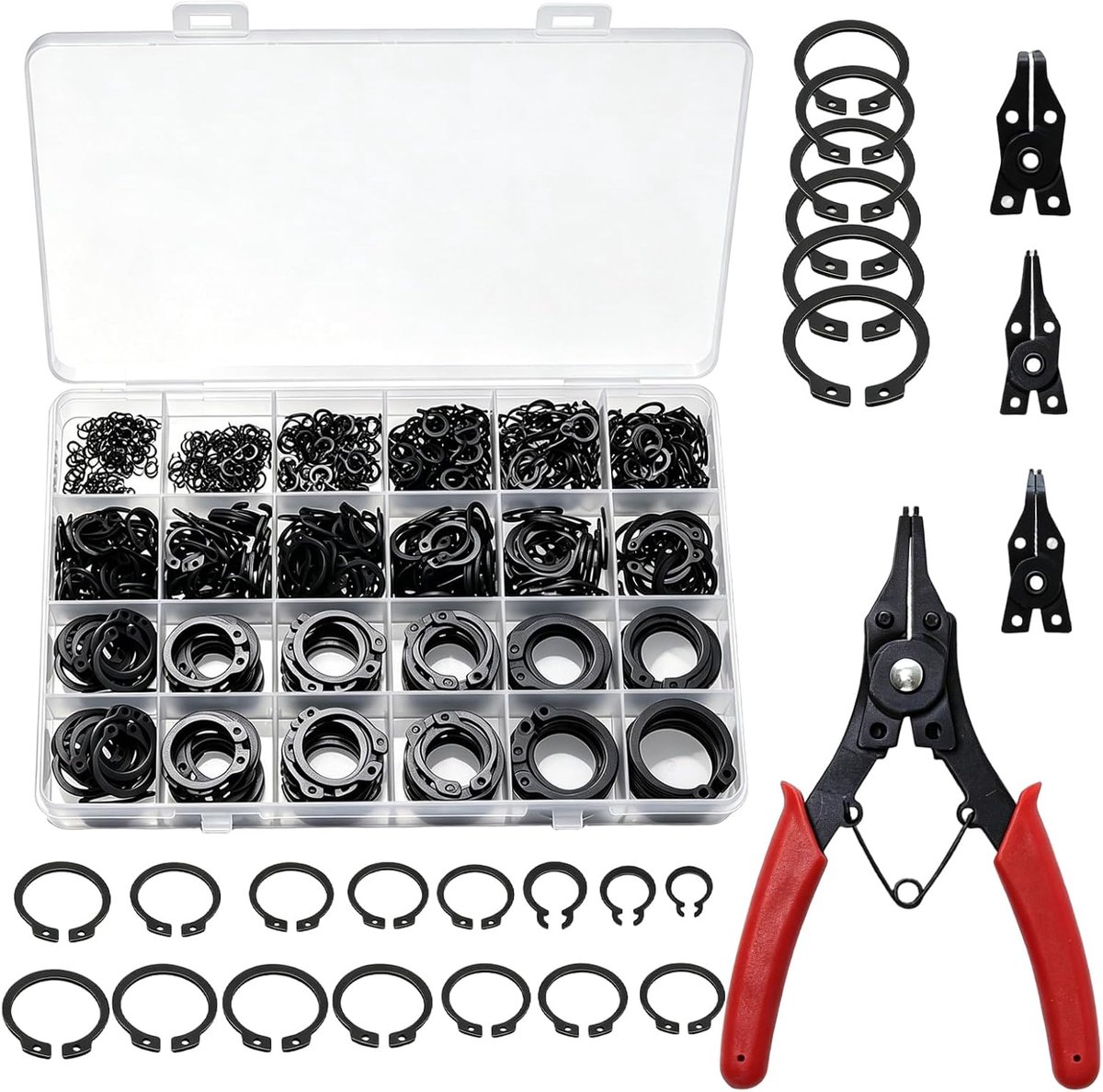 Borgringenset, 500 stuks, 21 maten, borgringen met 4-in-1 snapringtang, borgringen, assortiment houders, externe C-clips, voor reparatie van pinclips