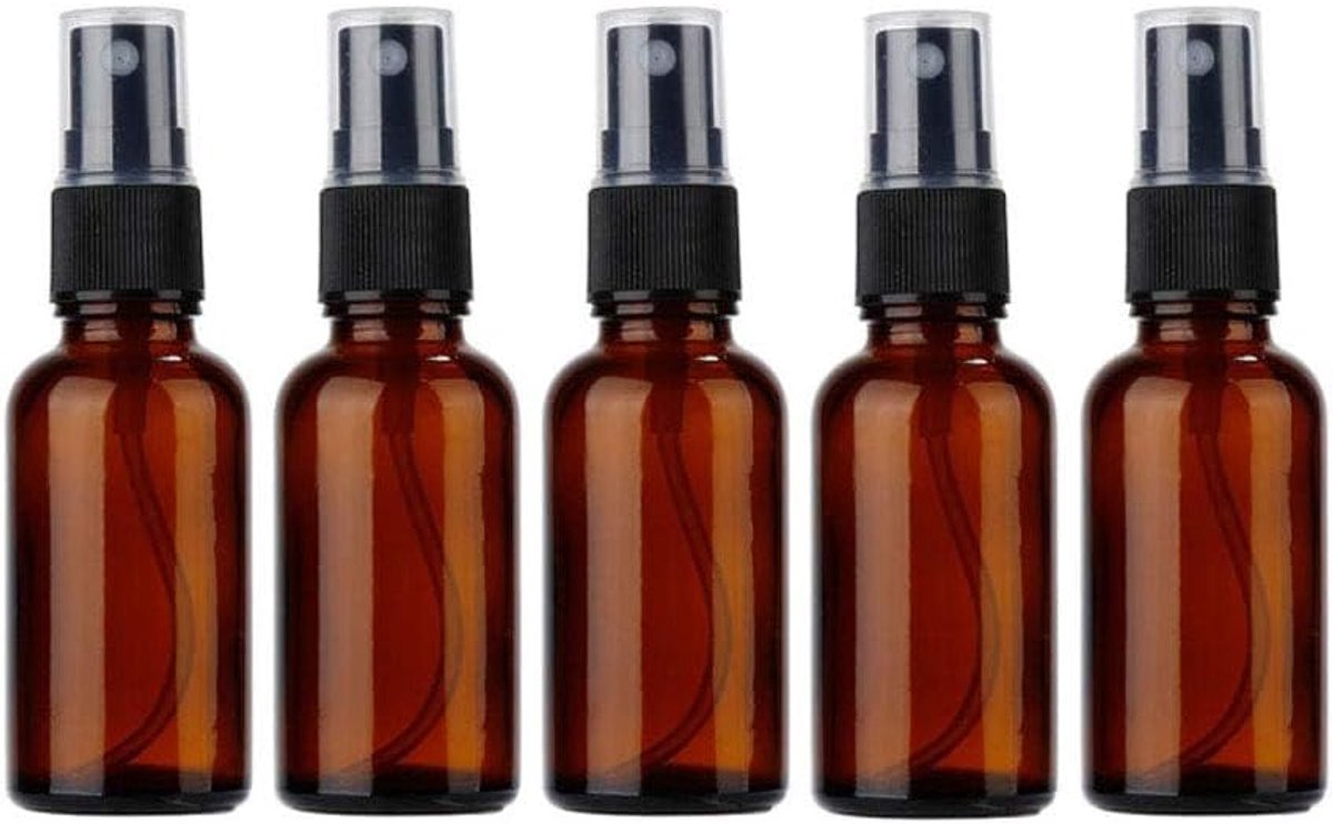 5 stuks bruine spuitflessen van glas, 2 x 50 ml, 2 x 30 ml, 1 x 30 ml, spuitflessen met fijne nevel