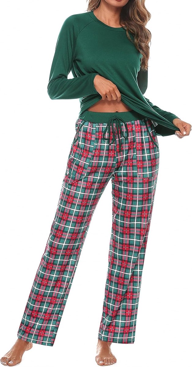 Damespyjama, katoen, geruit, loungekleding-set met lange mouwen, top en broek, nachtkleding voor dames, XXL.