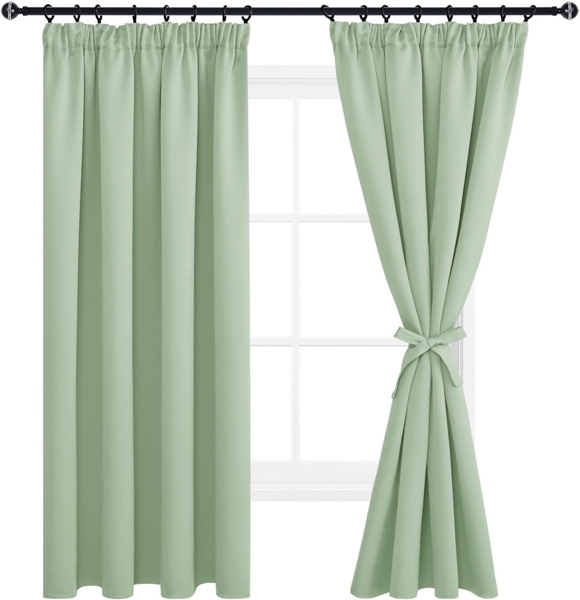 Gordijnen, ondoorzichtig, plooiband, set van 2, 140x175 cm (BxH), verduisteringsgordijnen met gordijnstropdassen, gordijnen woonkamer, slaapkamer, thermogordijn, bescherming tegen kou, lichtgroen