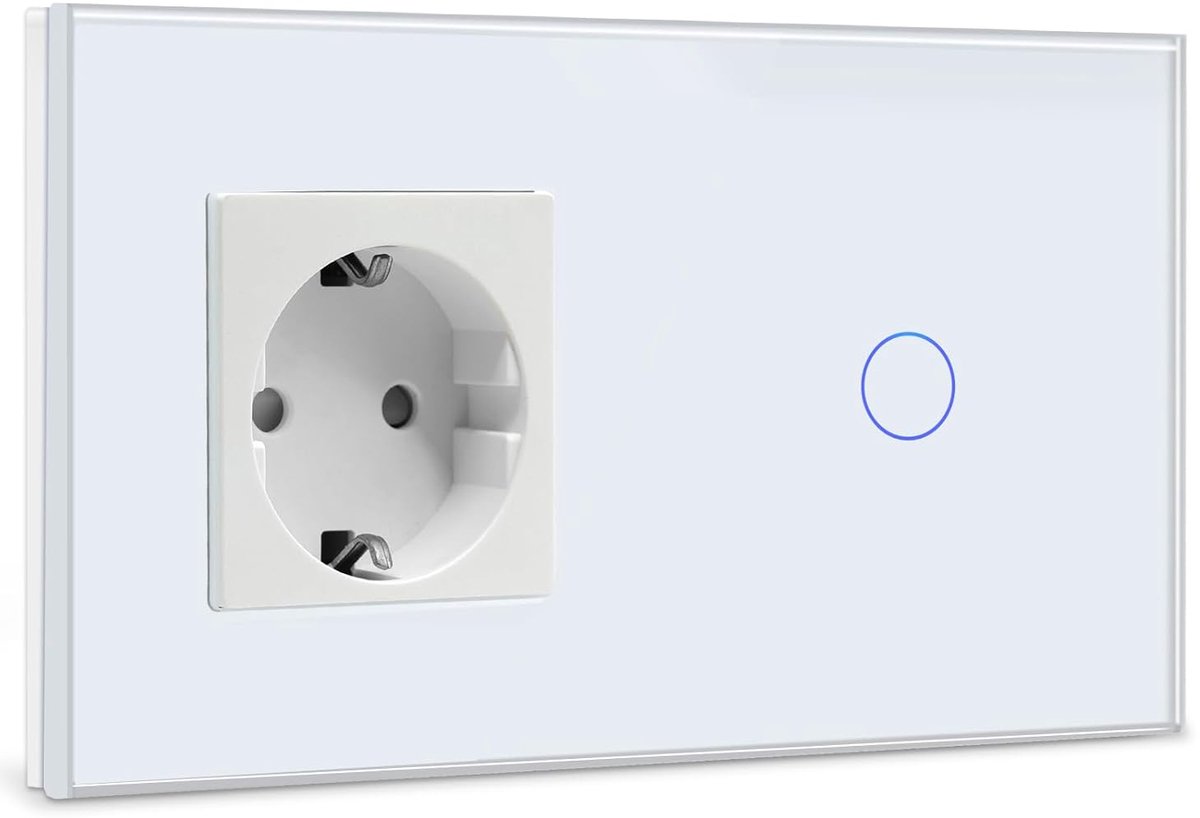 Stopcontact met lichtschakelaar, glazen touch-lichtschakelaar, inbouwschakelaar, Schuko-stopcontact met 1-voudig, 2-weg wandschakelaar, wit (niet-smart schakelaar)