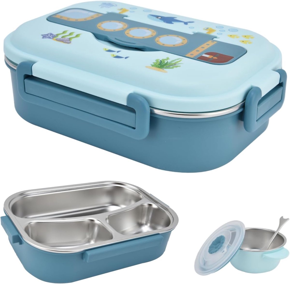 Lunch Voedsel Container, Lunchbox Roestvrij Staal Verzegelde en Geïsoleerde Lunchbox Lekvrije Cartoon Lunchbox voor Kinderen Volwassenen(Blauw)