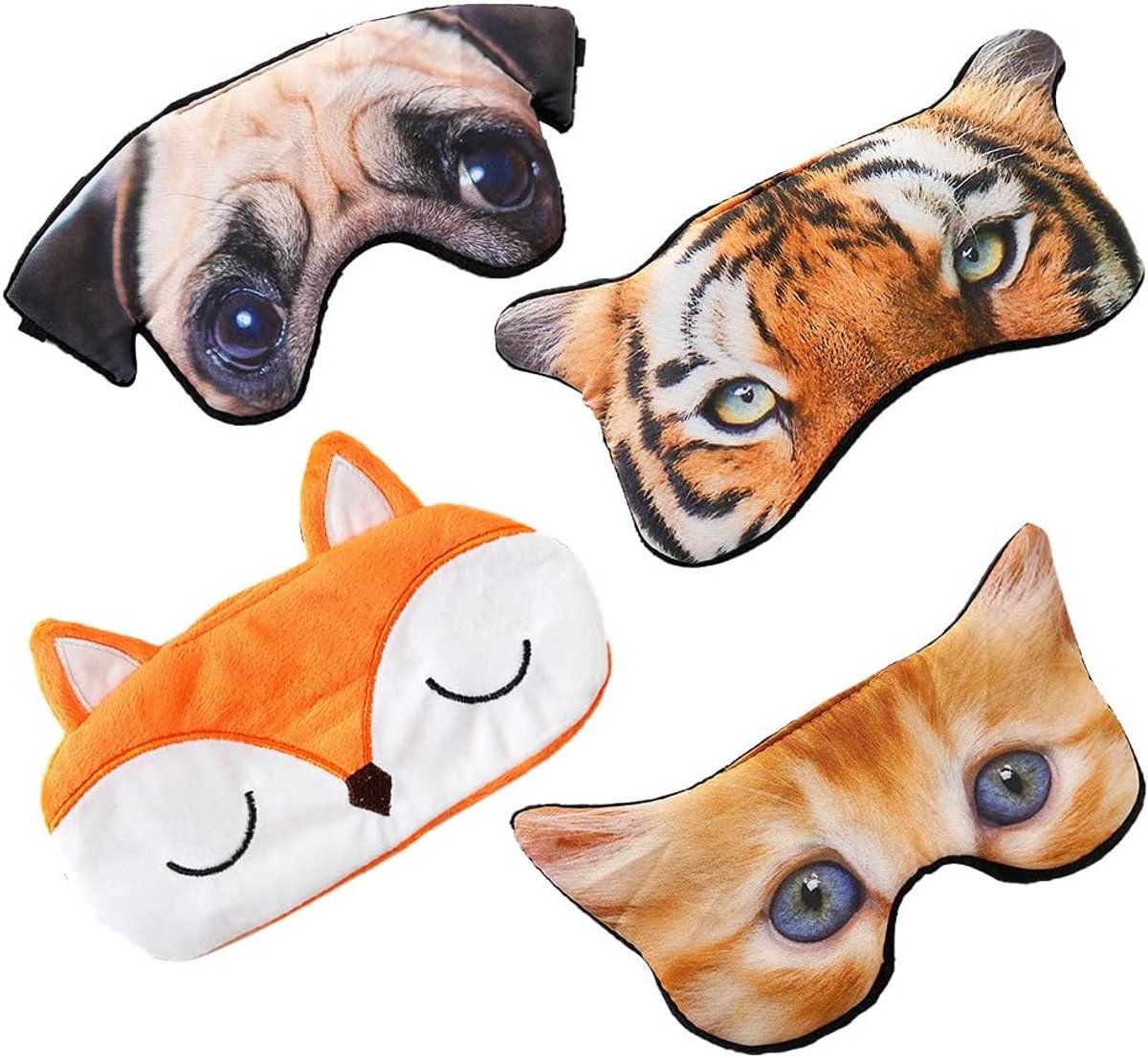Set van 4 blinddoeken, schattige slaap-oogmaskers, dierenoogmaskers om te slapen, blinddoeken voor spelletjes, zachte pluizige slaapschaduwhoes, voor kinderen, mannen, vrouwen, vliegtuig, reizen,