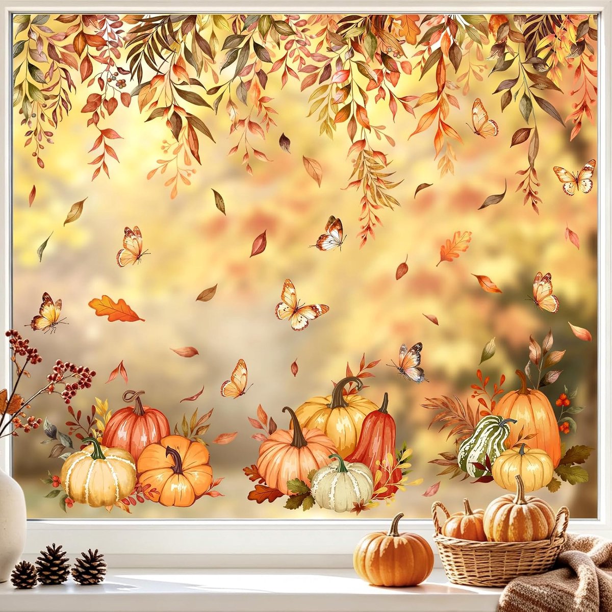 9 vellen herfstbladeren venster klampt opknoping wijnstok pompoen raamstickers herfst bloemen statische herbruikbare stickers voor oogst feest thuis klaslokaal kantoor school decor