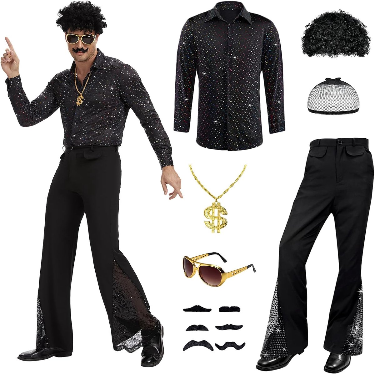 Hippie kostuum set voor volwassenen - retro jaren 70-80 stijl outfit met shirt, broek, afropruik, ketting, hippie funky zonnebril en baard sticker