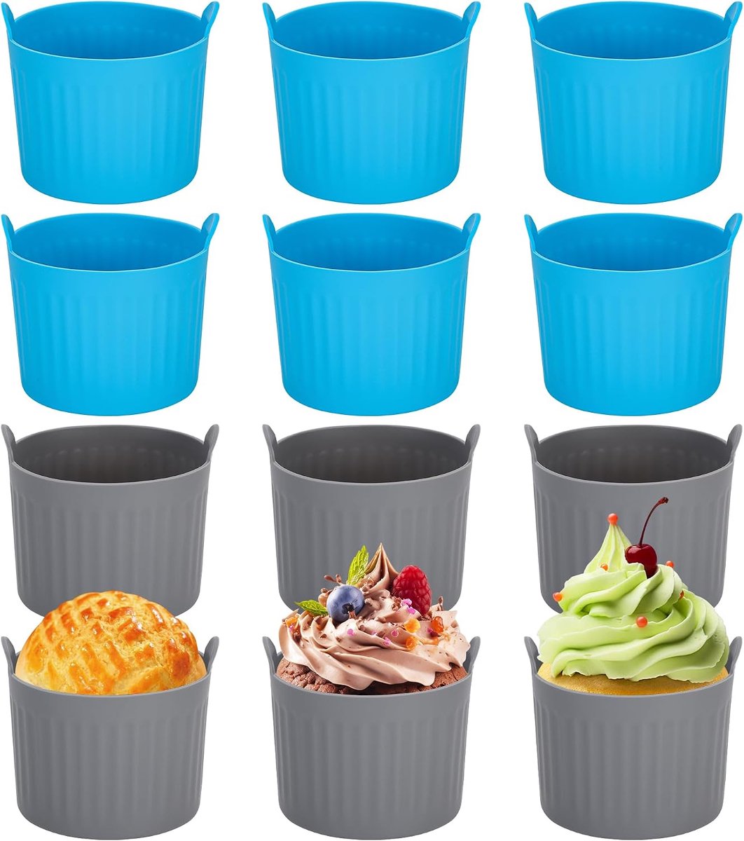 12 stuks siliconen ramekins voor heteluchtfriteuse, herbruikbare bakbekers | Food Grade Siliconen Muffin Gevallen met Non Stick Easy Release, Egg Bite Mallen voor Muffins Cupcakes, 6 Grijs 6 Blauw