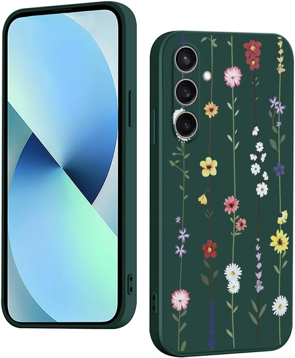 Siliconen hoesje voor Samsung Galaxy S24 FE 5G, modieuze beschermhoes met schattig patroon, dun, duurzaam, schokbestendig, antislip siliconen hoes (bloem, groen)