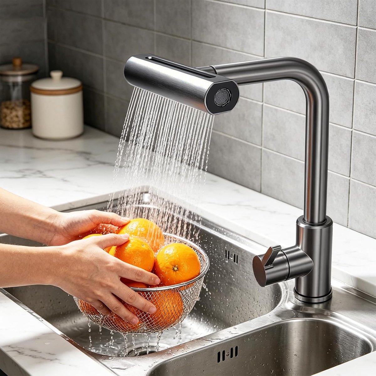 Keukenkraan, keukenkraan met uittrekbare sproeier, 4 modi, 360° draaibare uitloop, uittrekbare douchekop, 304 roestvrij staal, hogedruk-mengkraan voor koud en warm water