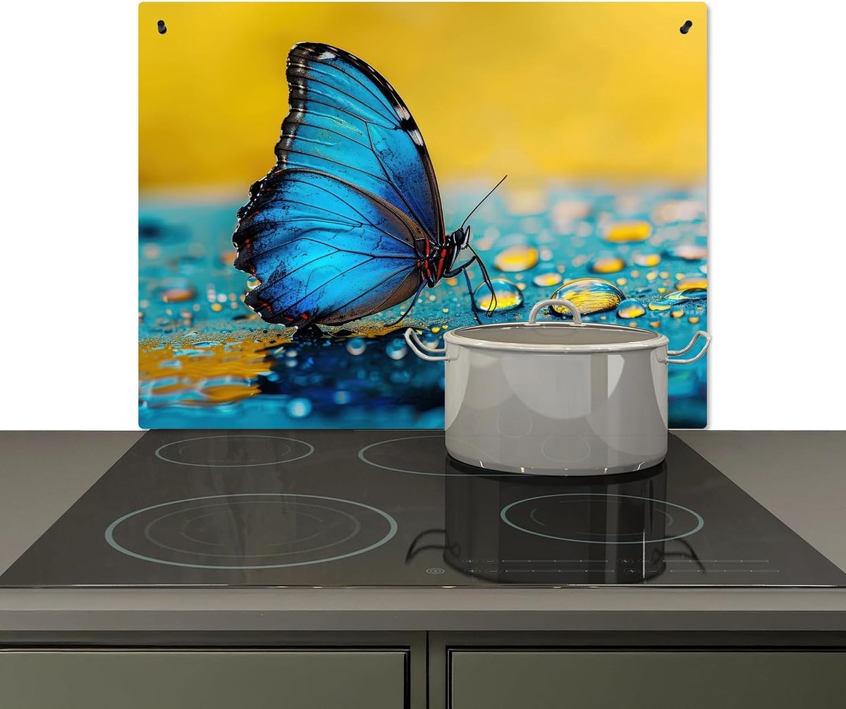 Spatscherm Keuken 52x70 cm Kookplaat Achterwand Beschermer Muur Spatwand Fornuis Aluminium Hittebestendig - Vlinder - Water - Natuur - Blauw - Geel