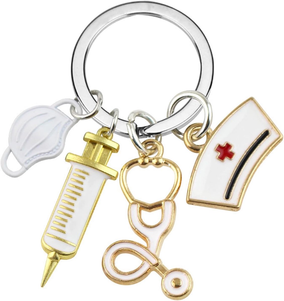 1 stuks sleutelhanger verpleegster arts student cadeau verpleegster sleutelhanger met spuit muts en stethoscoop metalen sleutelhanger hanger hanger hanger