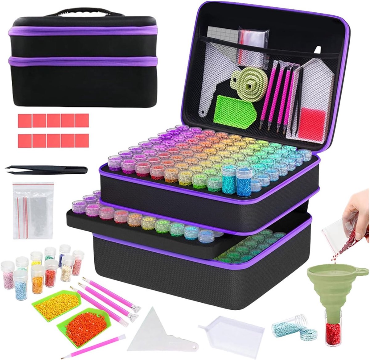 Opbergdoos voor diamantschilderen, 240 stuks kleine flessen, met doos, trechter, stickers en andere accessoires, geschikt voor diamantschilderen, opslag enz.