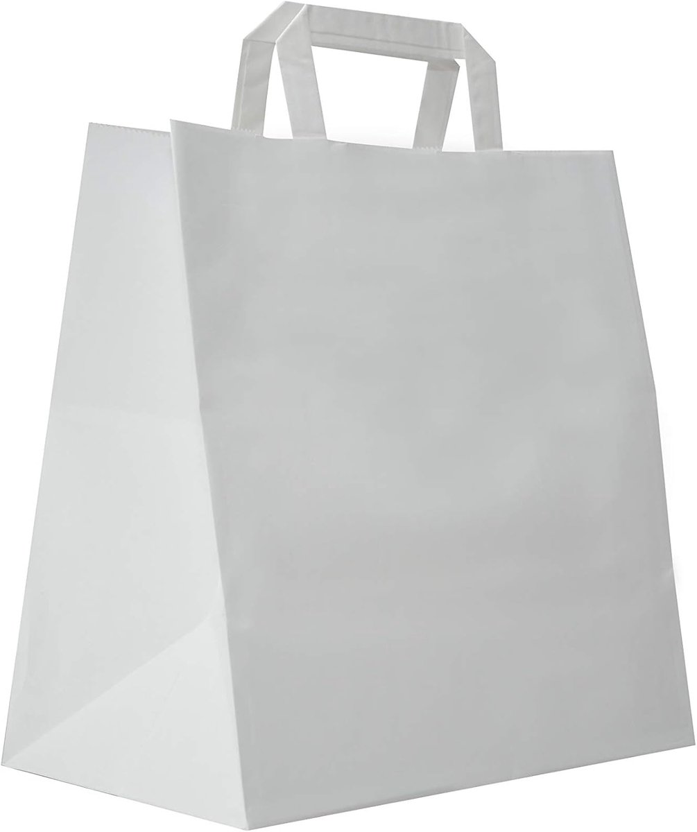 Dozio Shopper van kraftpapier met vierkante bodem, wit, platte handgreep, 27 cm + 17 x 29 cm, 300 stuks
