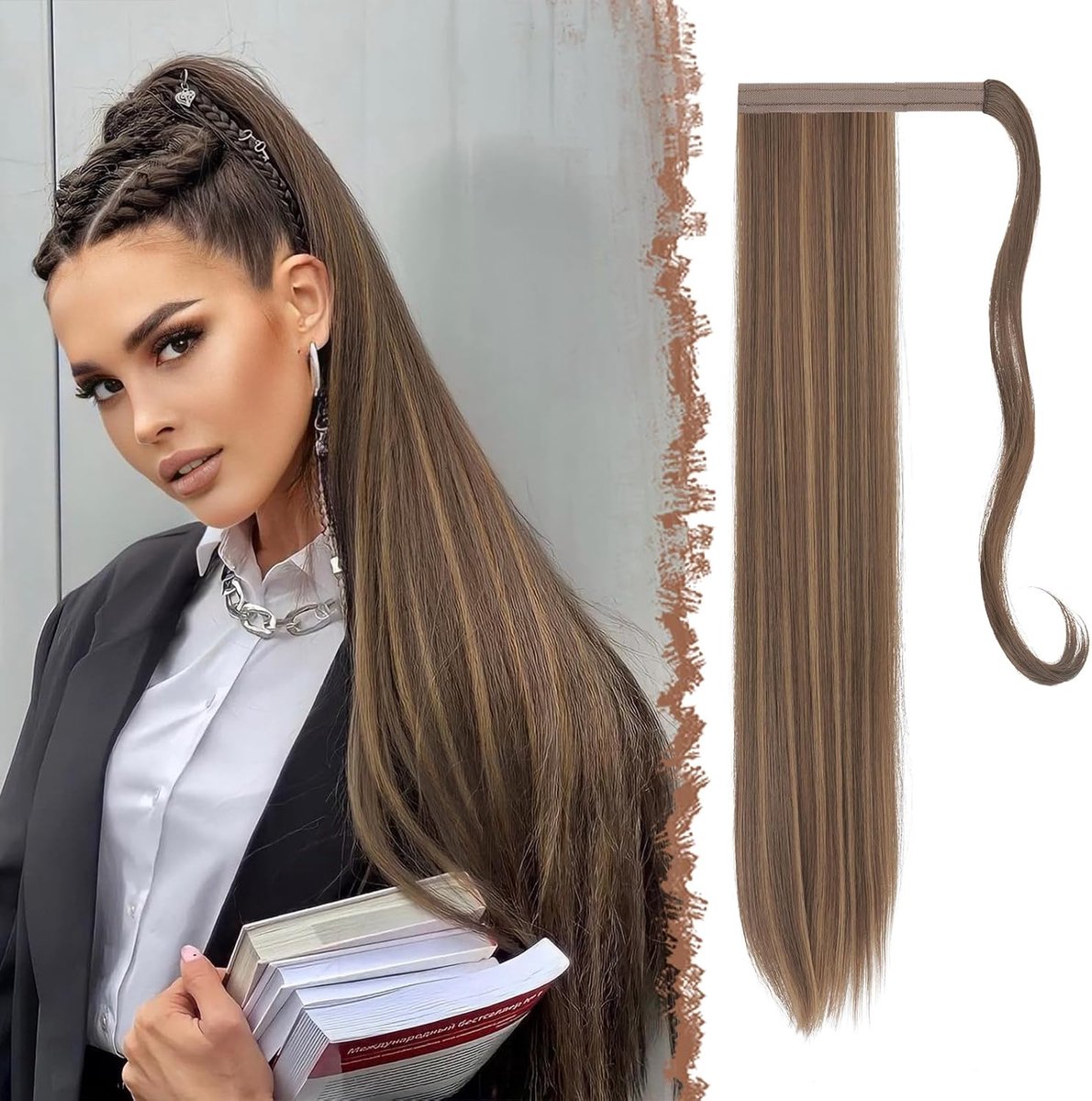 60cm Lange Rechte Wikkel Rond Paardenstaart Extensions Synthetisch clip in Paardenstaart Hair Extensions Haarstukje Haarextensies voor vrouwen, Goudbruin Gemengd Blond