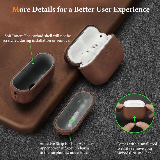 Beschermhoes voor AirPods Pro 3 van leer, beschermhoes van echt leer, voor draadloos opladen, handgemaakt, schokbestendig, compatibel met Apple AirPods Pro 3, donkerbruin — afbeelding 3