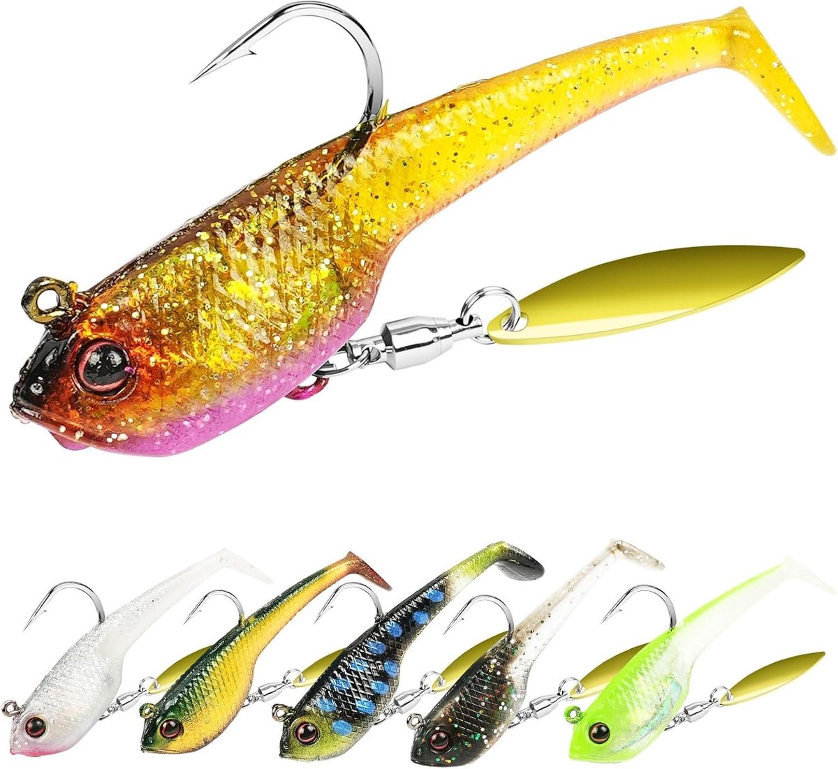 Zachte swimbaits voor het vissen, 6 unieke lures met draaiende lepel, kleurrijke aas voor snoek, forel, baarzen en zalm