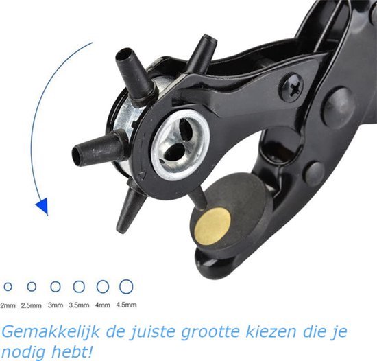 Gaatjestang met 6 verwisselbare ronde ponskoppen, 2mm tot 4.5mm. Tekst: Gemakkelijk de juiste grootte kiezen die je nodig hebt!