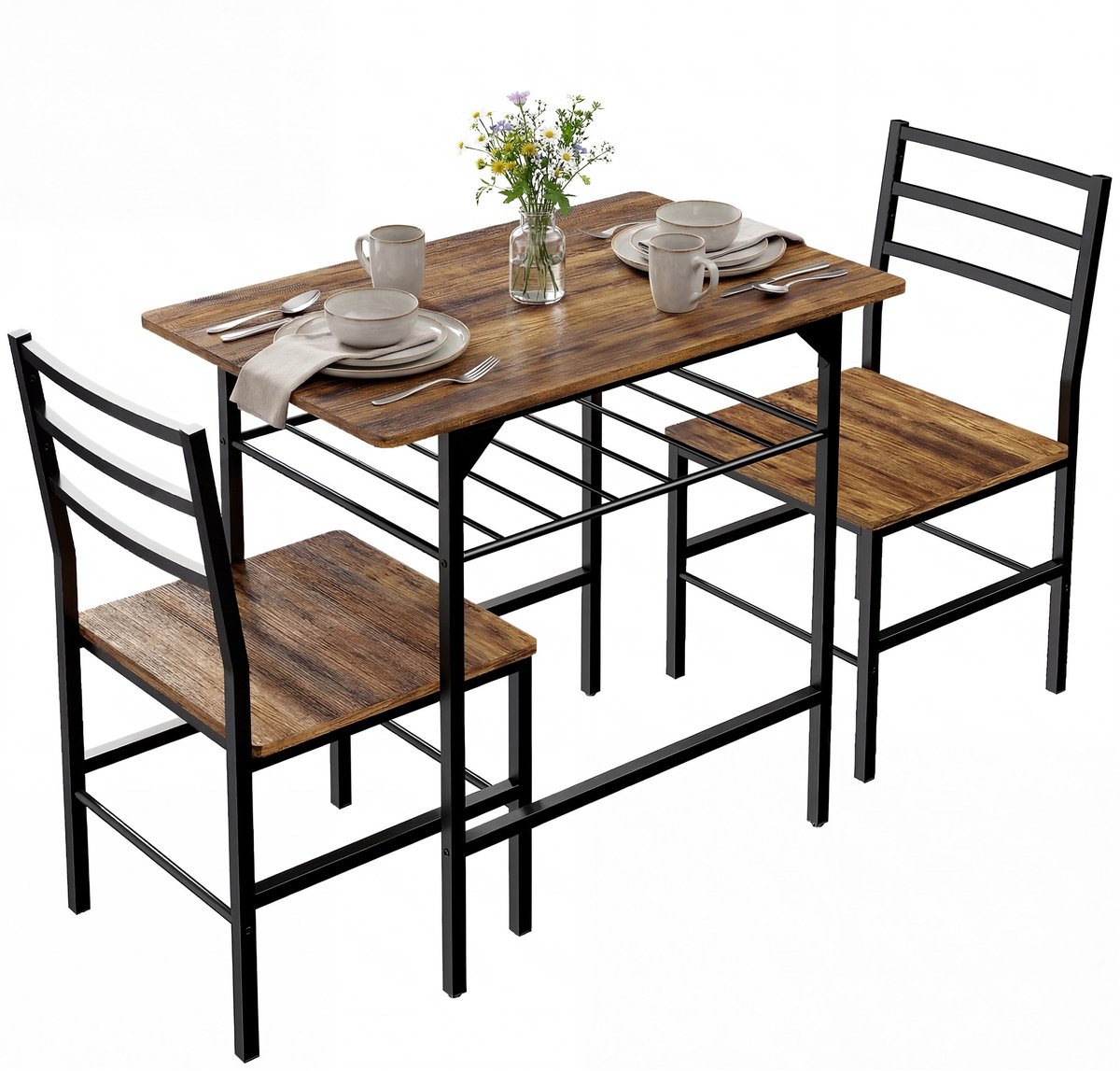 Eettafel met 2 stoelen, eetgroep voor 2 personen, keukentafel, eetkamertafel met opbergrek, eetkamergroep met metalen frame, keukenbar, zitgroep，rustiek bruin