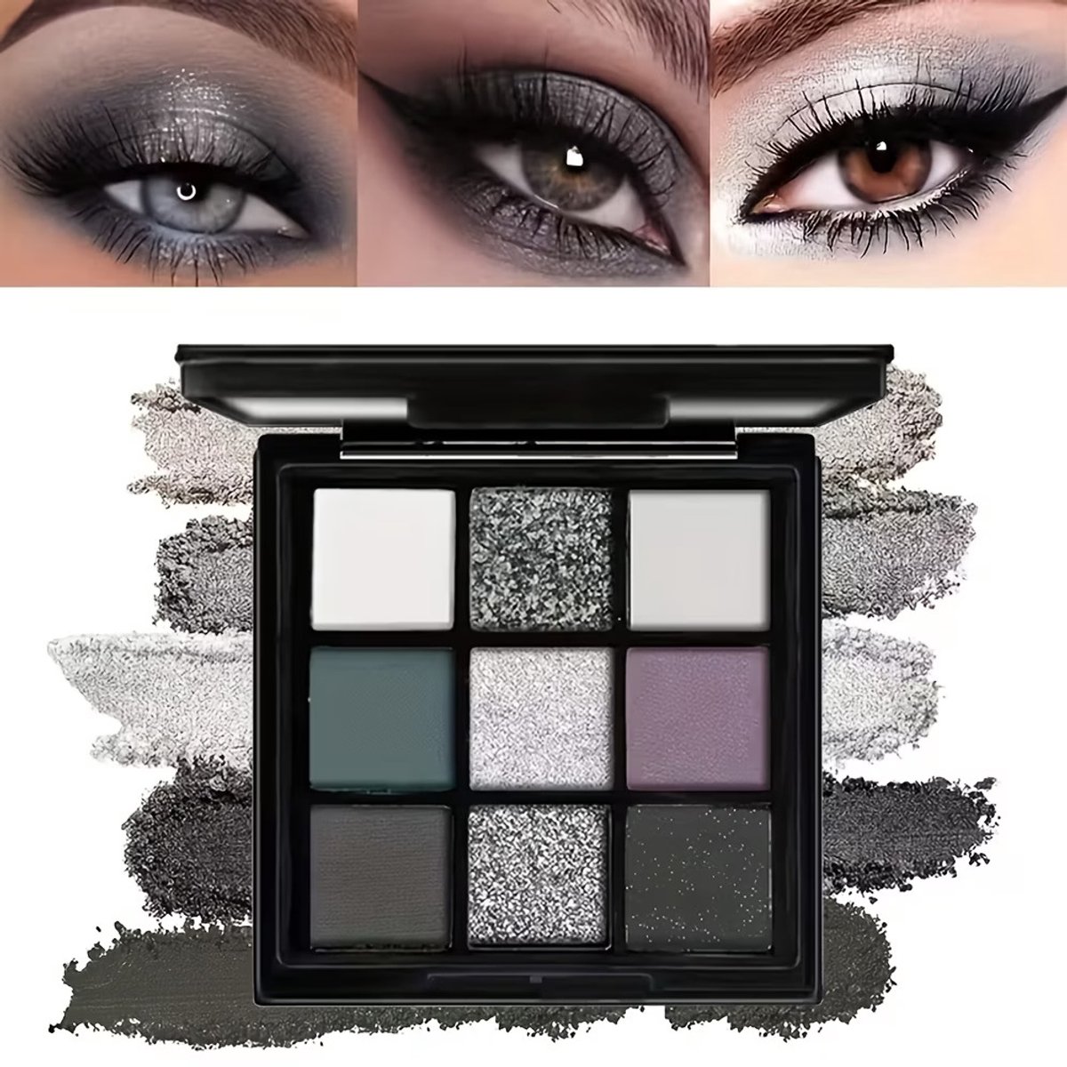 Compacte Oogschaduw Palette – 9 Kleuren – Zilver, Grijs & Smokey Tinten – Matte, Metallic & Glitter