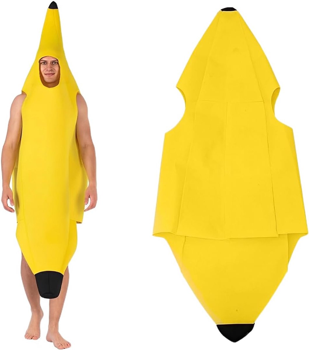 Bananenkostuum voor volwassenen, uniseks, banaankostuum voor volwassenen en kinderen, licht groepskostuum voor Halloween, uniseks outfit, comfortabel en grappig, gemakkelijk aan en uit te