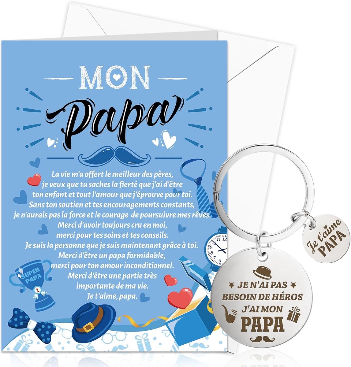 Je t'aime Porte-Clés Carte met envelop, cadeau voor papa Fête des Pères Carte de Vœux Porte-Clés voor papa Anniversaire cadeaukaarten, Noël Saint Valentin kaarten, cadeau Merci Papa