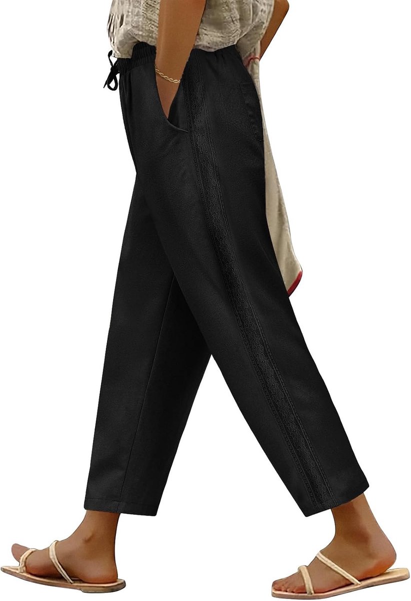 Zomer wijde pijpen bijgesneden broek katoen casual dames elegante elastische taille broek met zakken trekkoord voor strandvakantie dagelijks