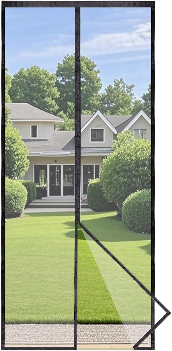 Prime Vliegengordijn voor Deur met Magnetische Sluiting, Insectenhor voor Balkondeur, Lichtdoorlatend en Weerbestendig, Extra Sterke Magneten, 3.8 cm Bevestigingsband Boven, (75x200 cm, Zwart)