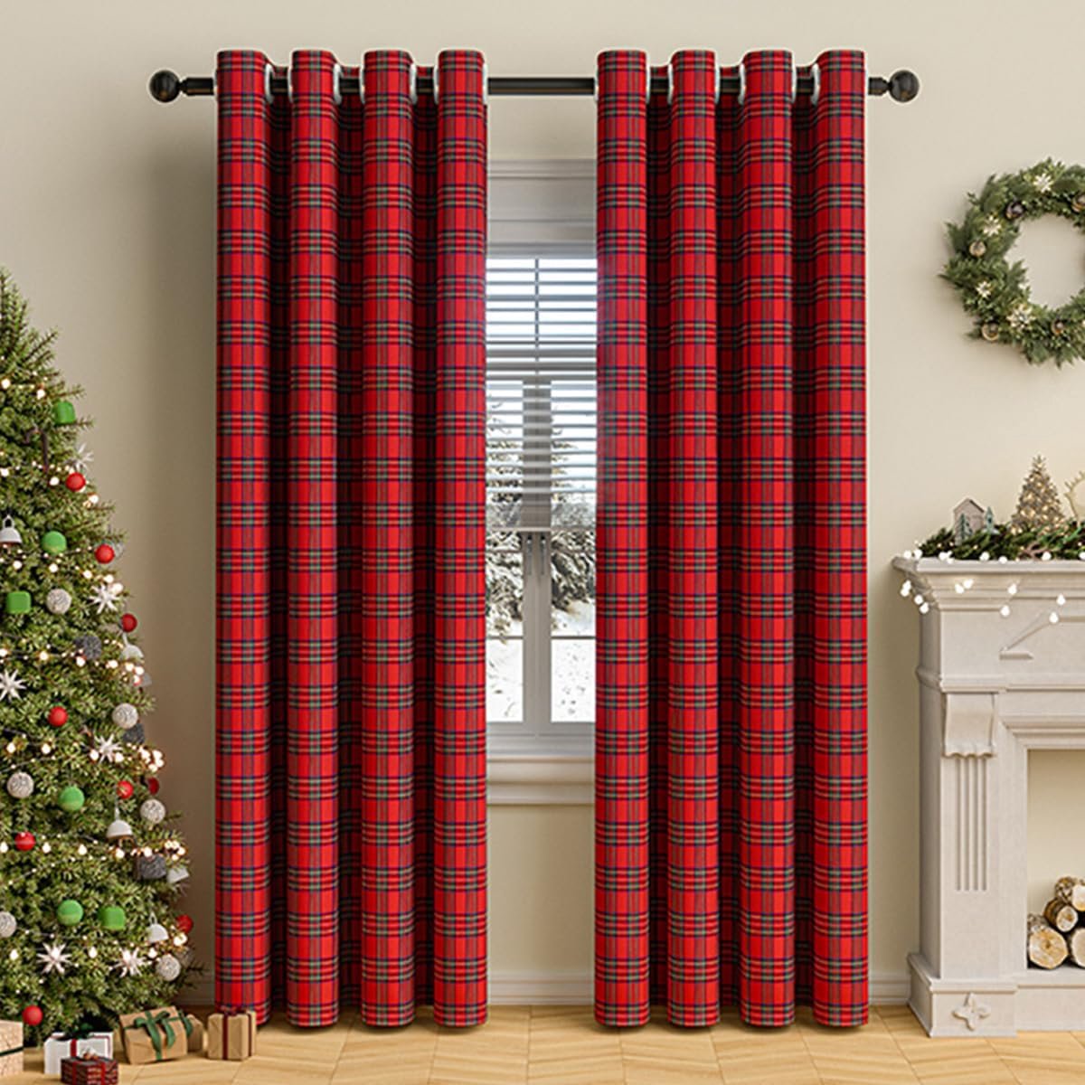 Gordijnen, ondoorzichtig, ruitpatroon, landhuisstijl, vintage rood, verduisteringsgordijnen met inslagringen, Kerstmis decoratieve gordijnen voor woonkamer slaapkamer, 1 stuk, H 244 X