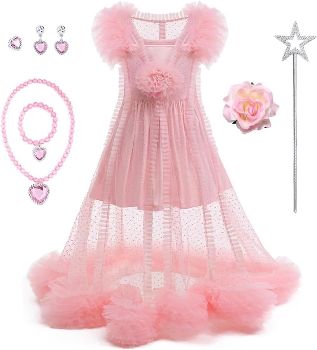 Keaiyouhuo Kinderen Roze Heks Kostuum Voor Meisjes 2 Stuk Roze Mesh Pyjama Jurk Goede Heks Outfits met Accessoires
