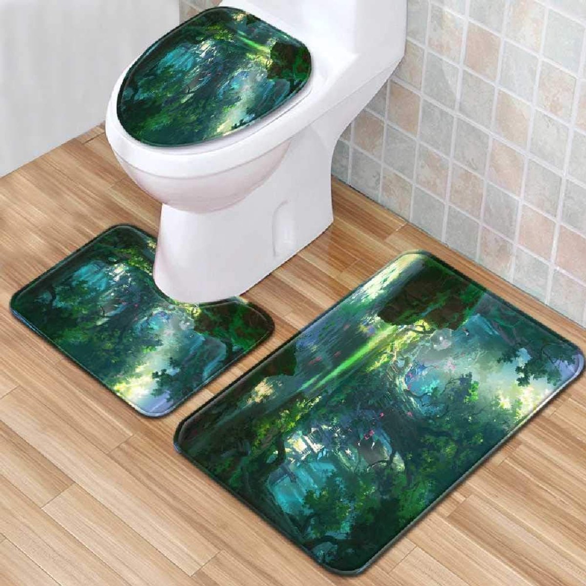Mat, Bad Mat, Badkamer Anti-slip Mat, Landschap Toiletmat Driedelige Set, Machine Wasbare Badkamer Tapijt, Anti-slip Mat 45cmx75cm