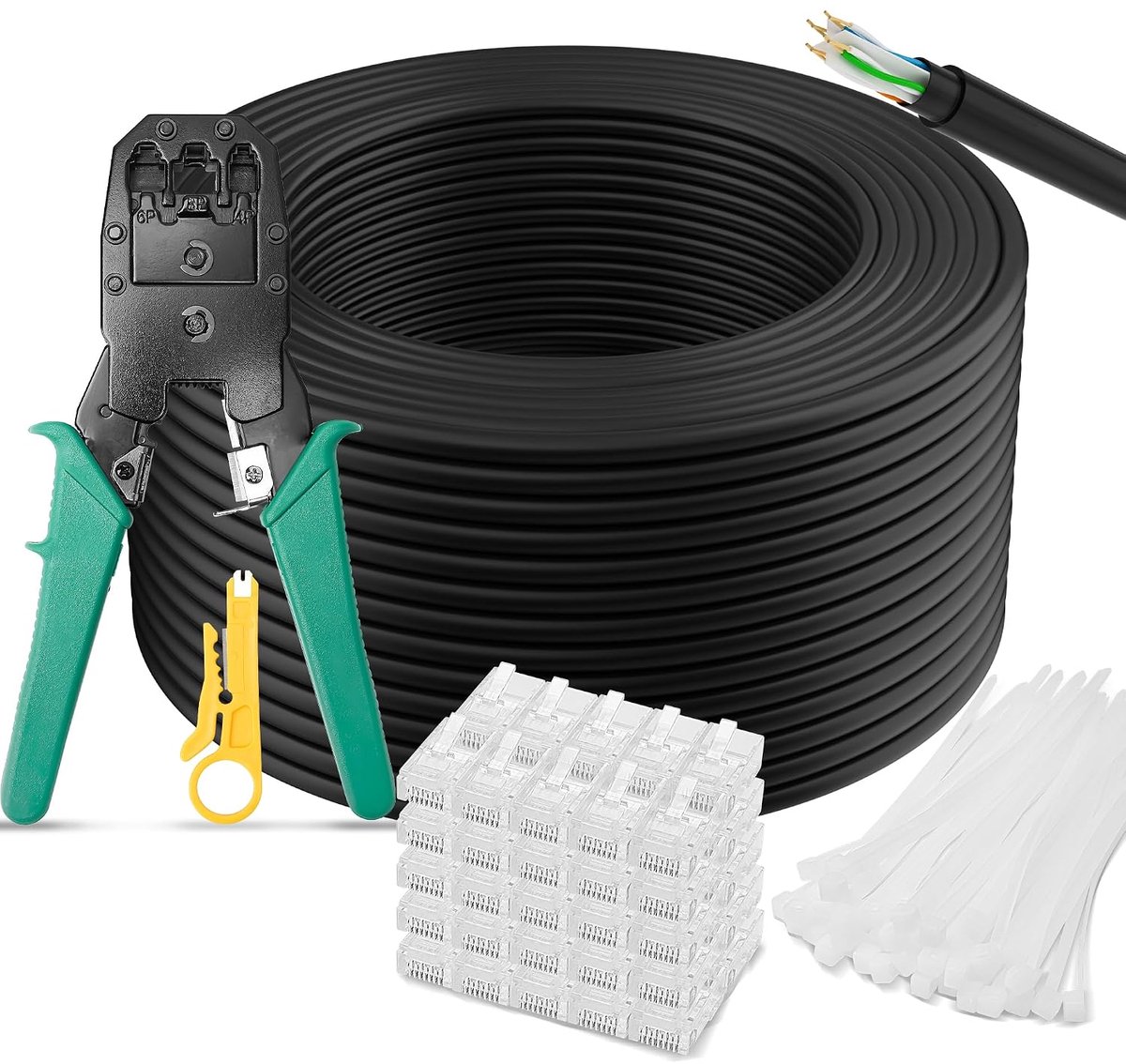 Cat 6 netwerkkabel, 150 meter, voor buiten, bulk, lange installatiekabel, met gereedschapsset, 1,0 Gbit/s internetkabel, 24 AWG, POE, UTP, waterdicht, directe installatie, voor router modem