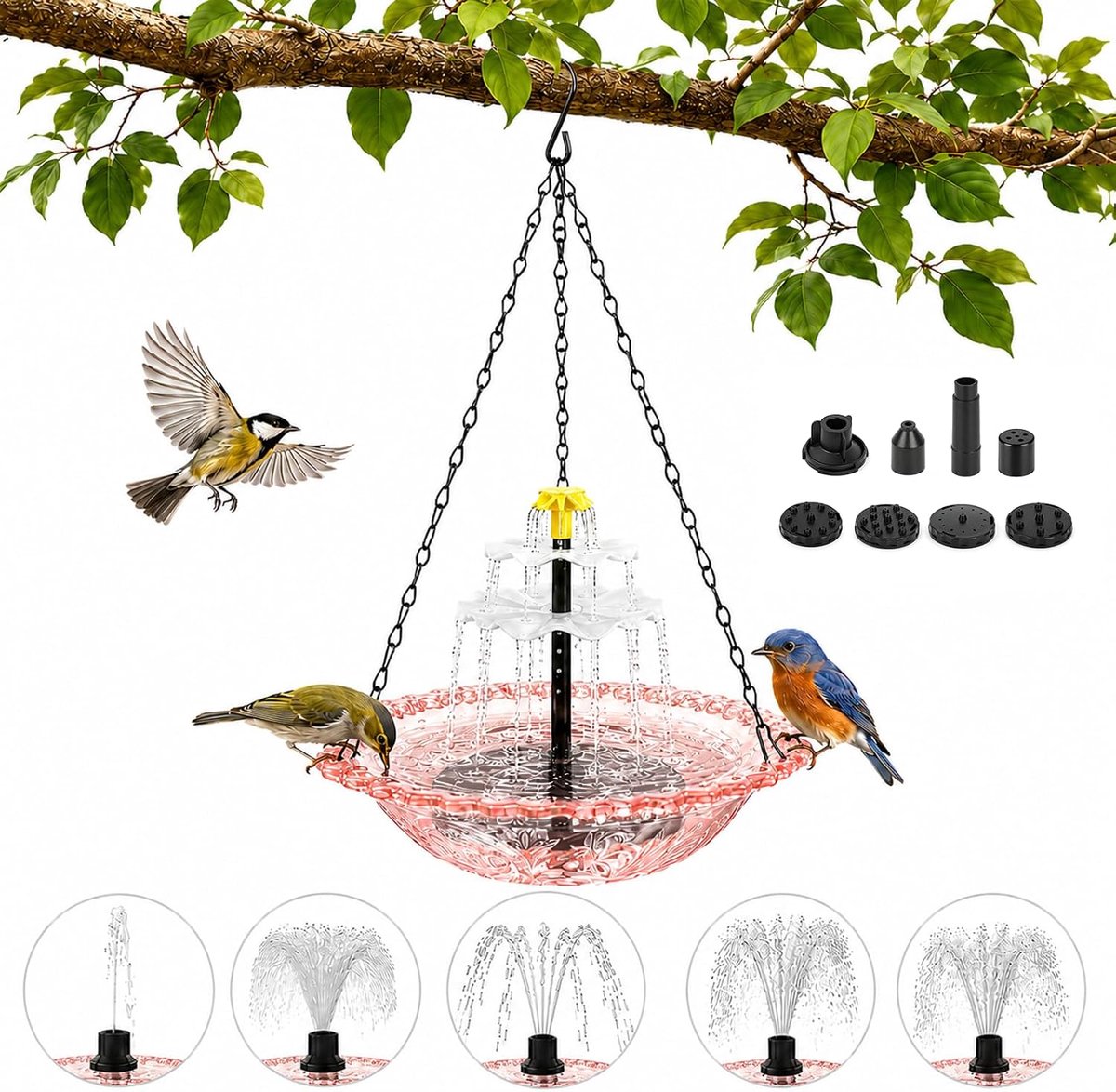 Vogelbad om op te hangen, vogelbad op zonne-energie voor buiten, met metalen kettingen voor tuin, binnenplaats, terras, tuindecoratie (roze)