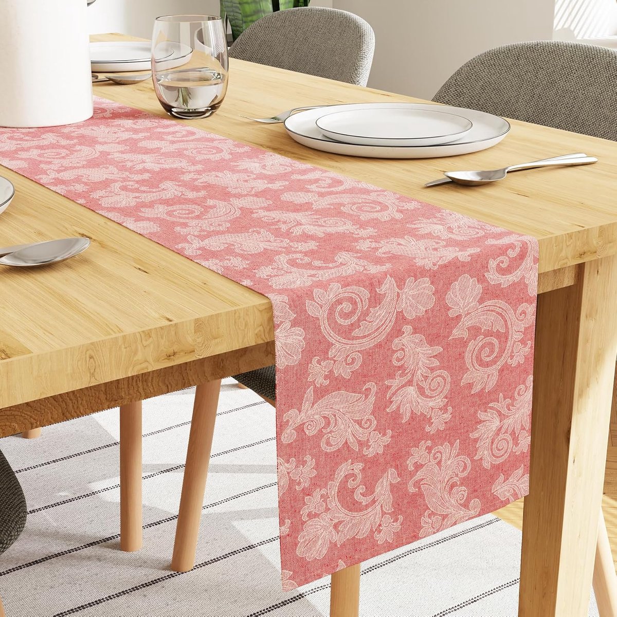 XO Katoenen eettafel loper met bloemen voor 4 tot 6 zitplaatsen | 32 x 183 cm, rood | tweekleurig zelfgesponnen katoen | bloemenprint in jacquardstijl | Snelle kleuren | Machinewasbaar
