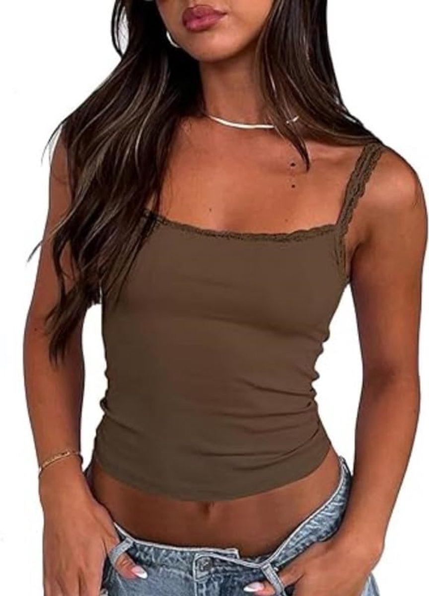 Y2K Tanktop voor dames, sexy, geribbeld, spaghetti top, kant, mouwloos, tanktop, slim fit, crop top, basic shirt, camisole Y2K bovenstuk, streetwear