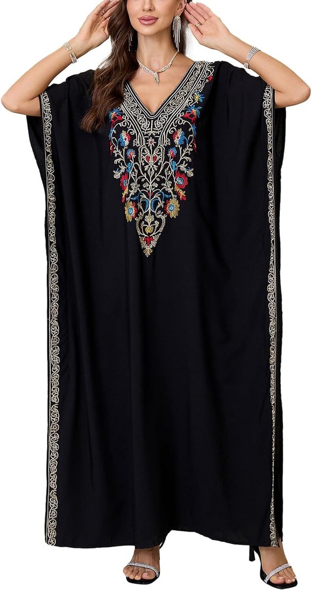 Kaftan voor dames, maxi-loungewear, oversized nachthemd, homewear, bedekkende strandjurk, Een zwart bedrukt, Eén maat