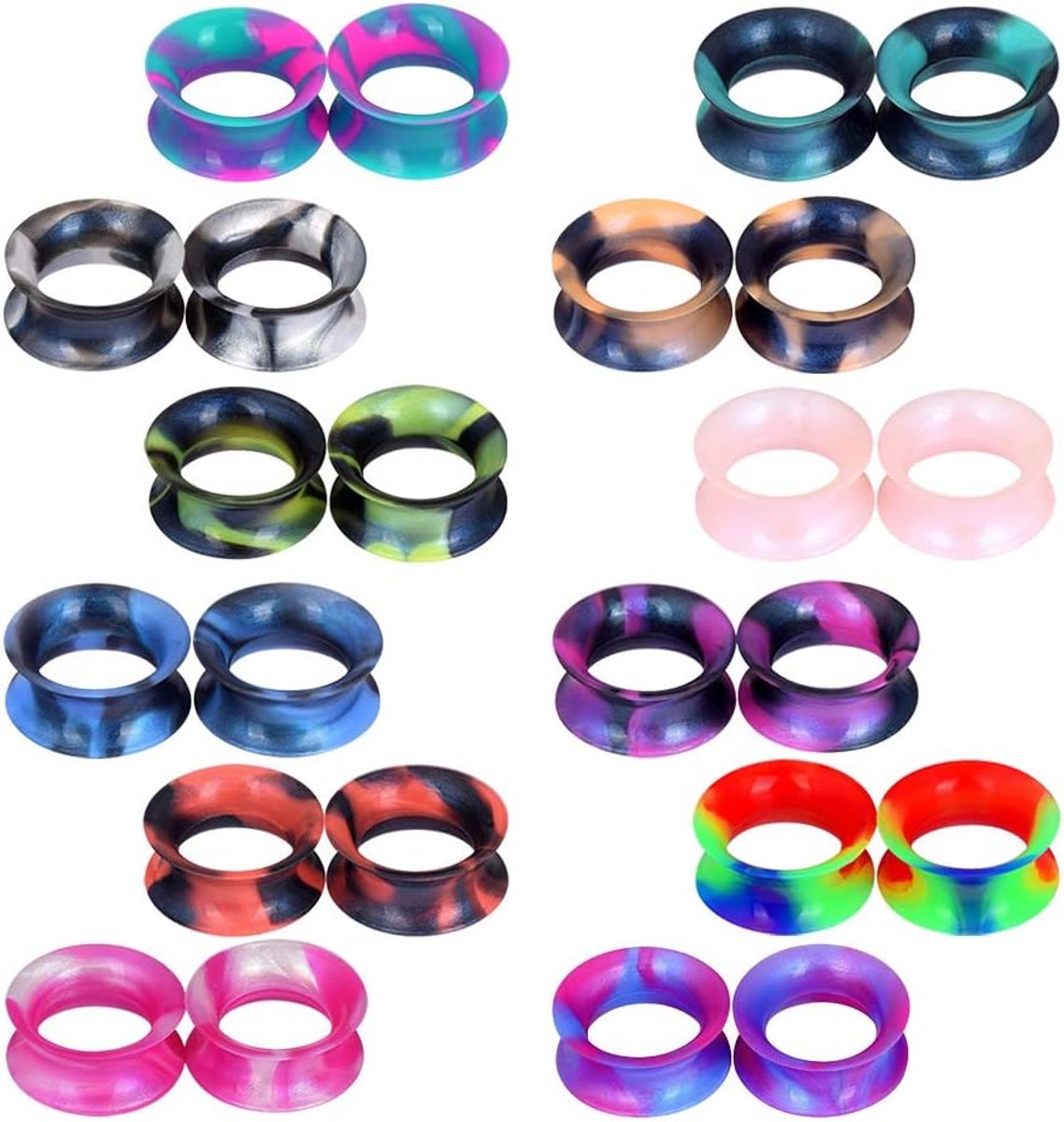 Fleshtunnel, 24 stuks (12 paar), meerkleurige, zachte siliconen tunnelset, set plugs, 6 mm, Siliconen