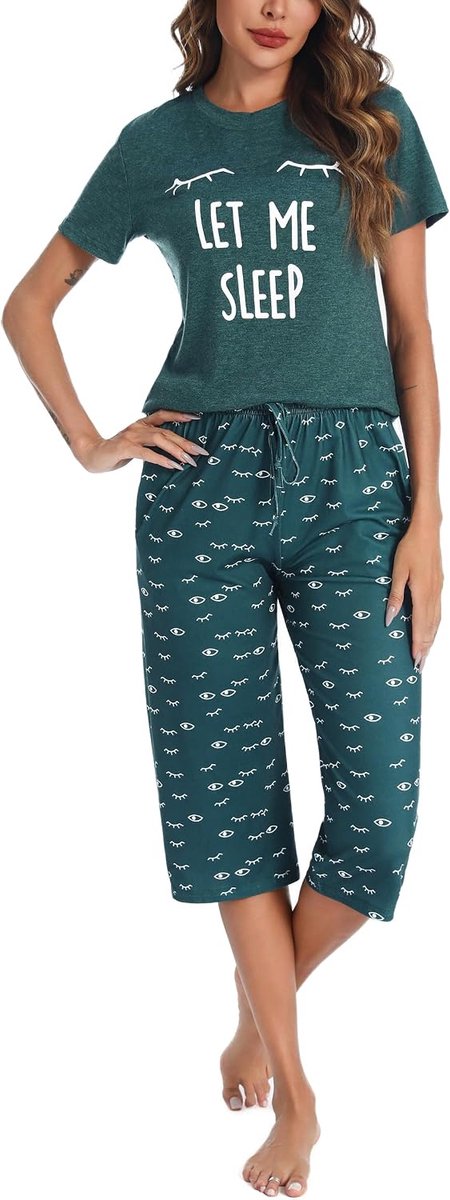 Pyjama voor dames, korte pyjamaset, korte mouwen, top + capribroek, katoen, comfortabele pyjama met zakken, nachtkleding, loungewear voor alle seizoenen